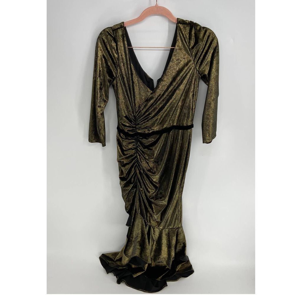 Marchesa Notte Metallic Foiled Gold Black Velvet Ruched Midi Dress Womens 2 NWT - Picture 2 of 8